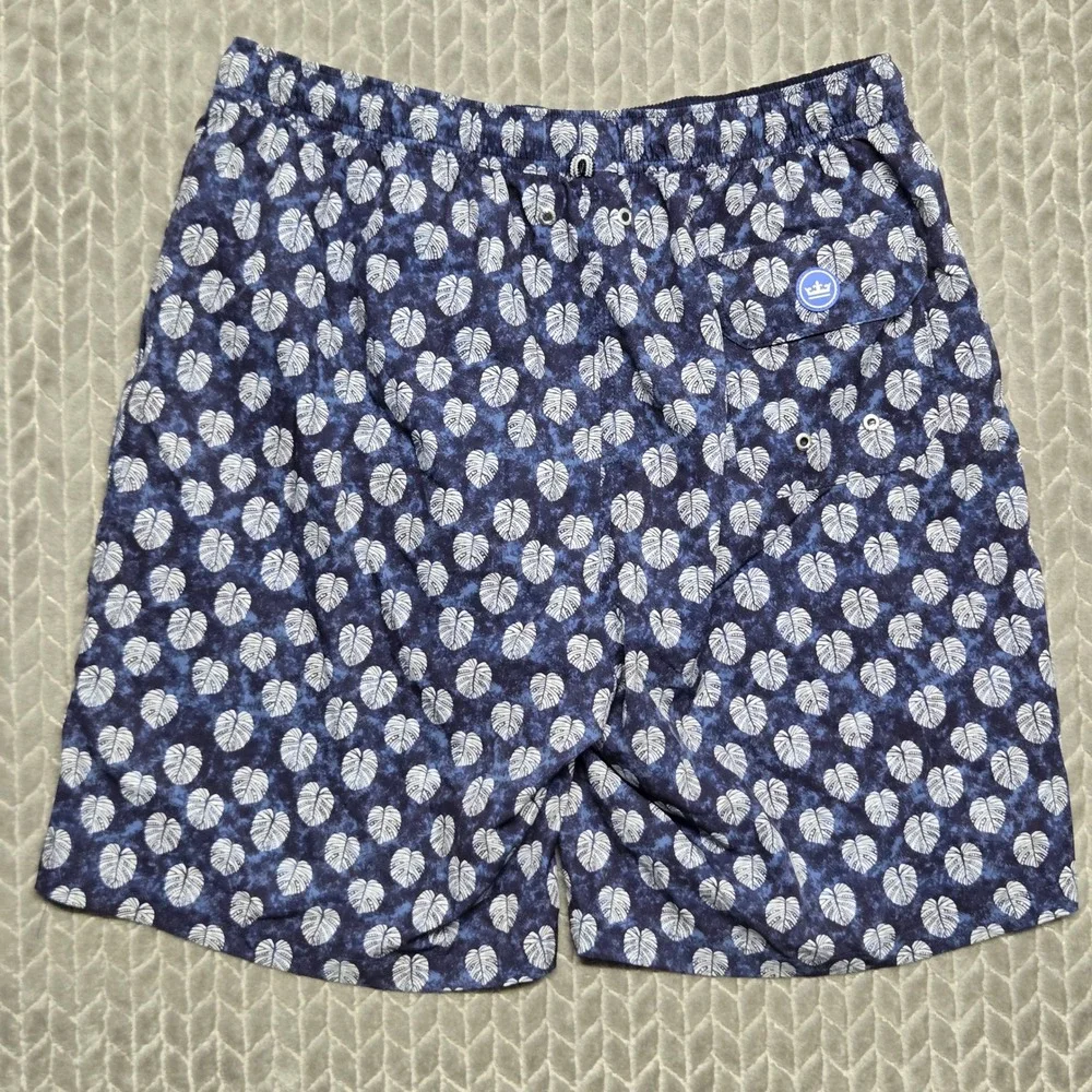 Peter Millar Seaside Mens Blue Monstera Leaf Print Swim Trunks Size Large